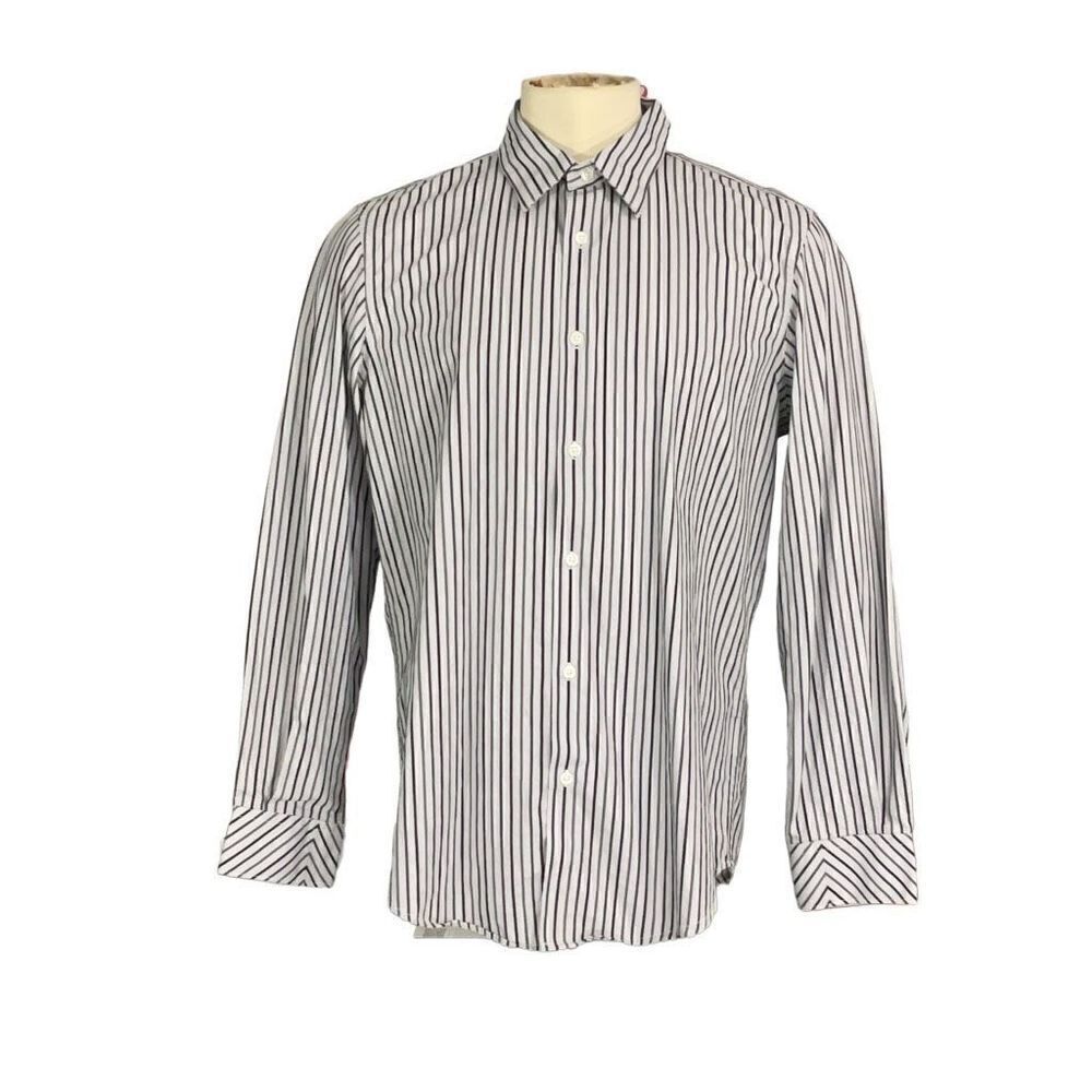 Men’s Structure Premium Woven Gray Black Striped Button Front Shirt Size L 41-43